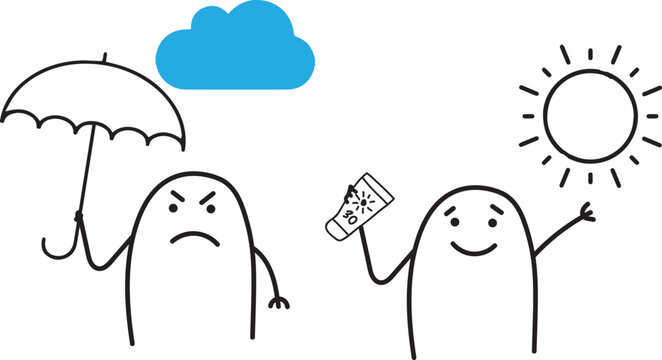 Two minimalist doodle characters: one sad in the rain with umbrella and the other smiling in the sun with sunscreen