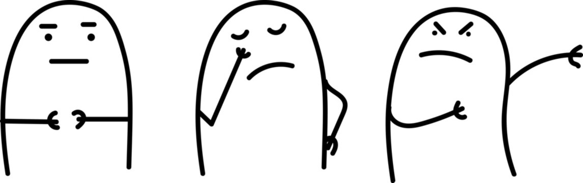 Three minimalist doodle characters thinking, upset and angrily gesturing away