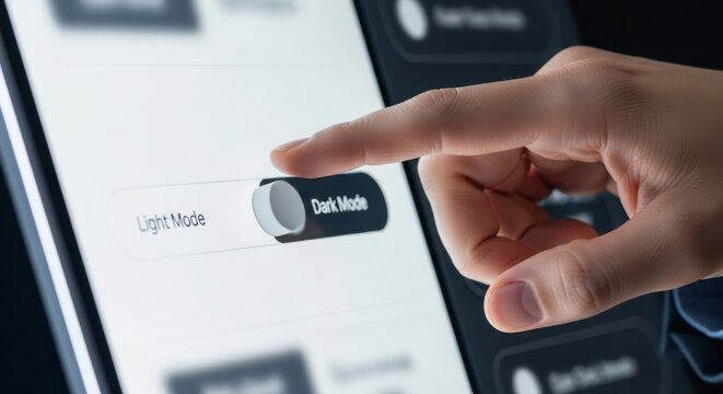 Business hand selecting a dark mode toggle to adjust interface appearance and reduce eye strain.