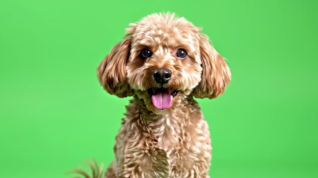 Adorable small brown poodle mix dog sitting happily with tongue out against a bright green screen background