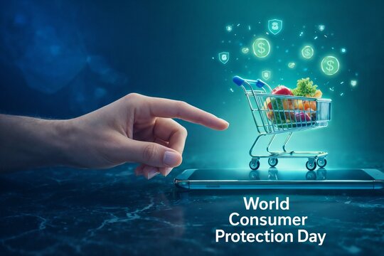 Digital illustration for the World Consumer Protection Day in blue and green tones.