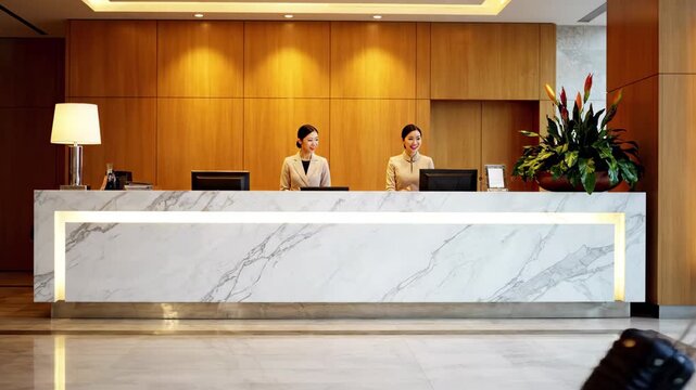 Business travelers checking in at a modern, upscale hotel reception desk with attentive staff