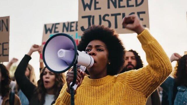 Young black woman with an afro speaking into a megaphone at a protest rally demanding justice