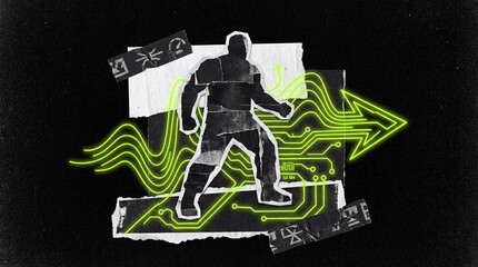 Obraz premium Silhouette of a person walking forward with glowing neon circuit board lines and arrow