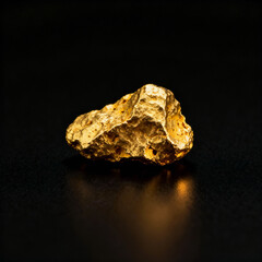 Natural Gold Nugget on Black Reflective Mirror Surface. Raw Precious Metal Ore. Shiny Yellow Mineral Stone for Finance, Mining, Banking and Luxury Wealth Investment. Heavy Geological Rock.