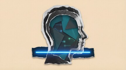 Abstract digital head profile with geometric shapes and glowing blue light