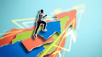 Man running up colorful torn paper layers forming an upward arrow with neon lights