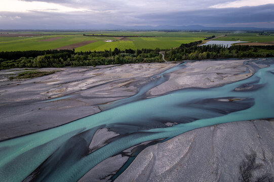 Waimakariri braided river and farmland.