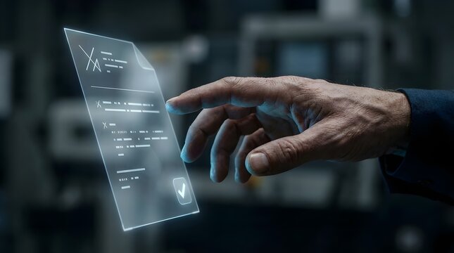 A close-up cinematic shot of an engineer&rsquo;s hand slowly approaching a floating holographic document. The hologram resembles an official technical document, semi-transparent.