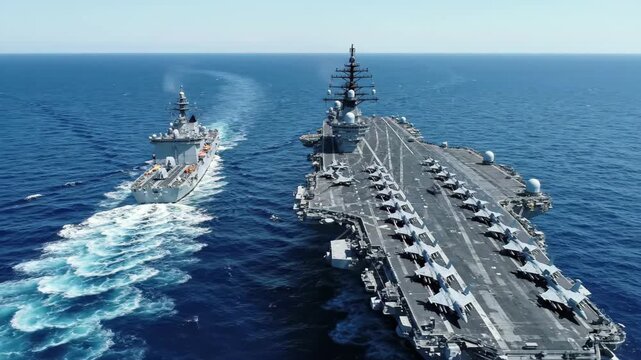 Us navy aircraft carrier and escort ship sailing on deep blue ocean