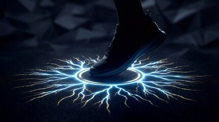 Futuristic sneaker stepping into a glowing portal with electric energy radiating outwards