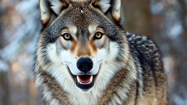 Closeup of a wolf in a snowy forest
