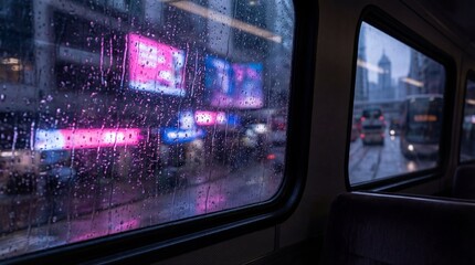 View through a rainy window of a city street with neon lights and passing buses