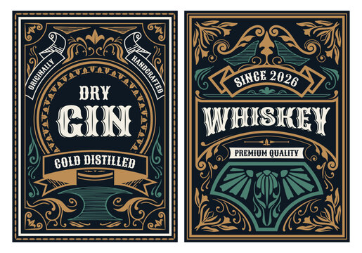 Set of vintage labels for alcoholic drinks. Retro designs for whiskey and gin bottle packaging with decorative frames. Hand drawn vector illustration collection isolated on background