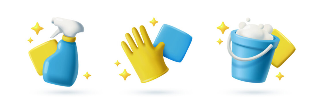 Set of 3D cleaning icons. Signs in plasticine style with gloves, detergents, bucket and rags for tidying. Professional cleaning service. Vector illustration collection isolated on background