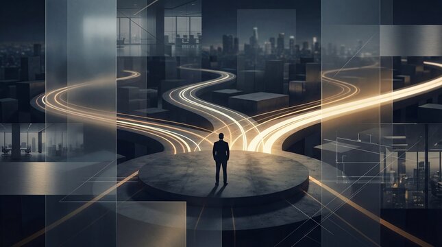 Man standing at crossroads of glowing pathways in abstract cityscape, symbolizing choice