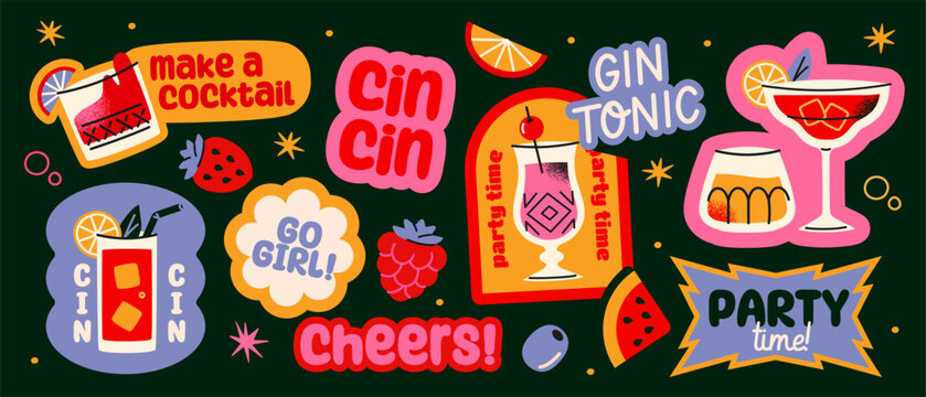 Set of cocktails stickers. Retro doodle labels with alcoholic drinks, iced refreshments and juice for party. Y2k groovy design elements. Flat vector illustration collection isolated on background