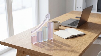 Business growth chart with arrow on wooden desk next to laptop and coffee