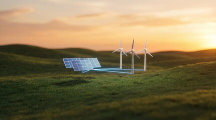 Renewable energy farm with solar panels and wind turbines on rolling hills at sunset
