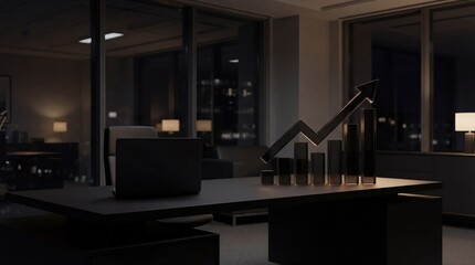 Modern office desk with laptop and 3D financial growth chart at night