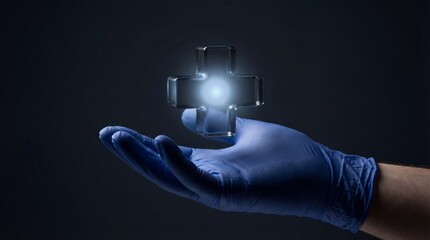 Gloved hand holding a glowing glass cross symbol, representing healthcare and medical innovation