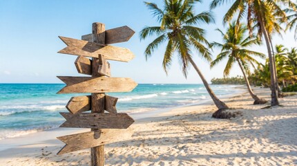 Wooden directional signs on a tropical beach with palm trees and ocean waves