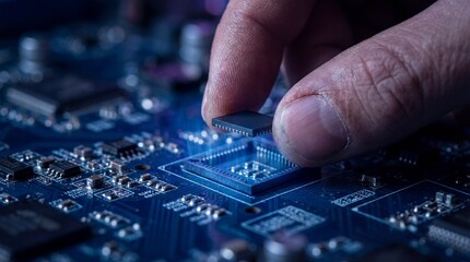 Close-up of a hand installing a microchip onto a complex blue circuit board