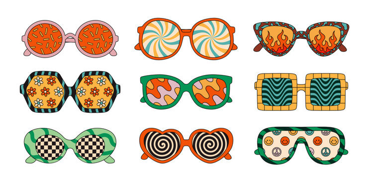Retro psychedelic sunglasses. Set of groovy stickers with hipster glasses and retro accessories with funky decorative patterns. Flat vector illustration collection isolated on background