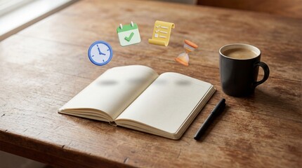 Open notebook with planning icons, coffee, and pen on a wooden table