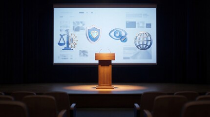 Presentation podium with icons for law, security, privacy, and global reach on screen