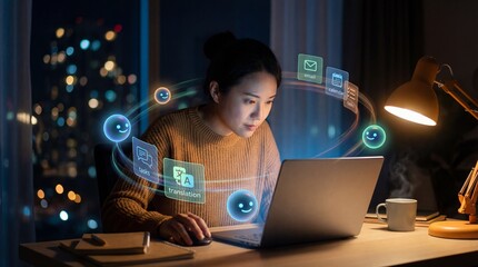 Young woman working on laptop with holographic interface showing communication and task management icons