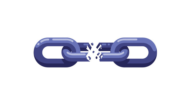 A broken chain link, with fractured pieces, against a white background, symbolizing freedom, release, or a broken connection.