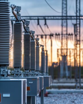 Power Station Equipment at Sunset with Beautiful Sky Colors