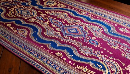 Artisanal Thai Silk Display on Wooden Table with Ethnic Motifs