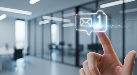 Macro shot of a finger tapping on a floating notification badge for a new email message in a sleek corporate environment