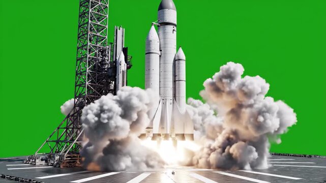 Space shuttle launch with smoke and fire on green screen background
