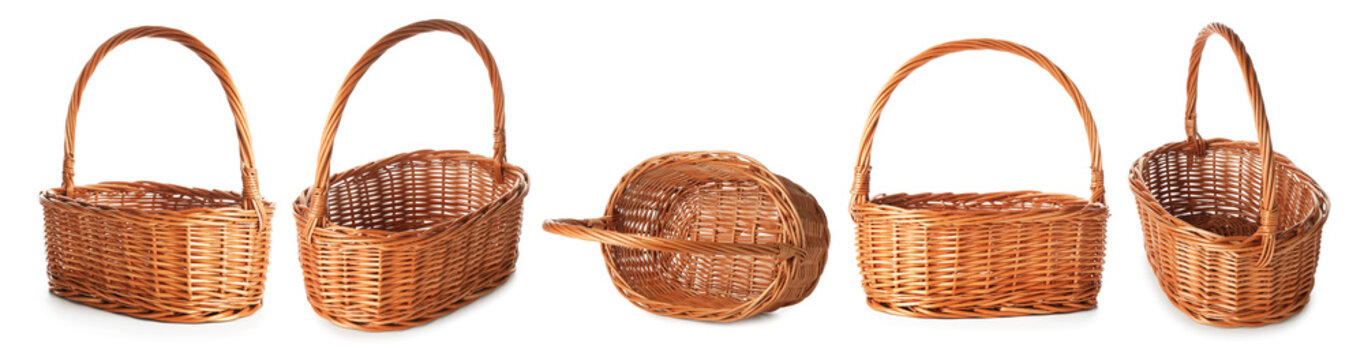 Wicker basket isolated on white, collage. Easter celebration