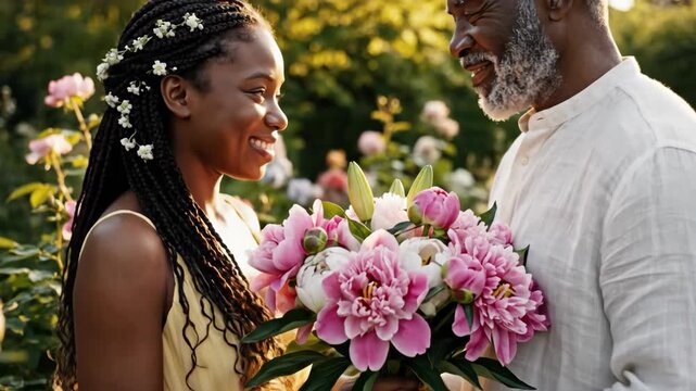 Mother and child sharing flowers on Mothers Day. A mother and child standing close together in a garden on Mothers Day, holding flowers and sharing a calm, affectionate