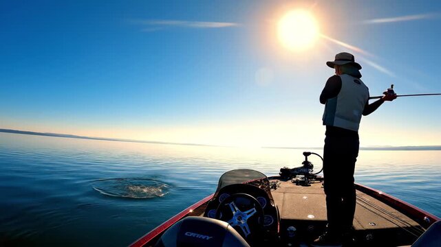 Angler fishing from a bass boat on a calm lake during a bright sunny day with the sun high in the sky