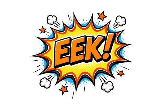 Comic style explosion with eek text and colorful stars and clouds