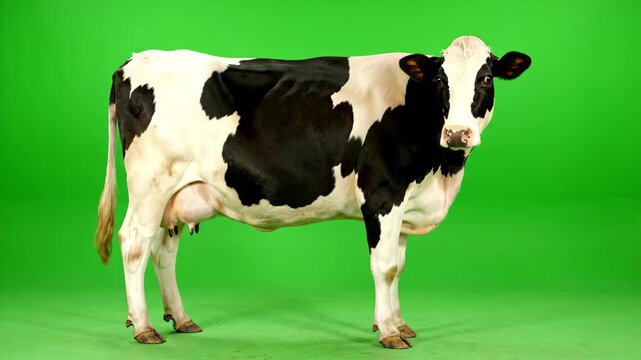 Holstein cow standing on green screen background