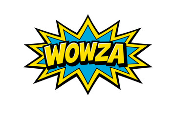 Fototapeta premium Comic style wowza text with yellow starburst on blue background
