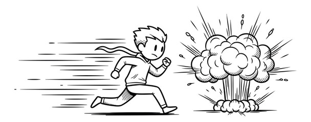 Line art illustration of a man depicting fleeing an explosion for speed and danger concepts