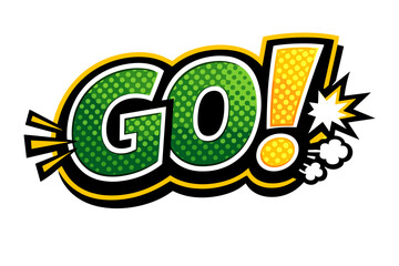 Comic style go! text with dynamic exclamation and pop art dots