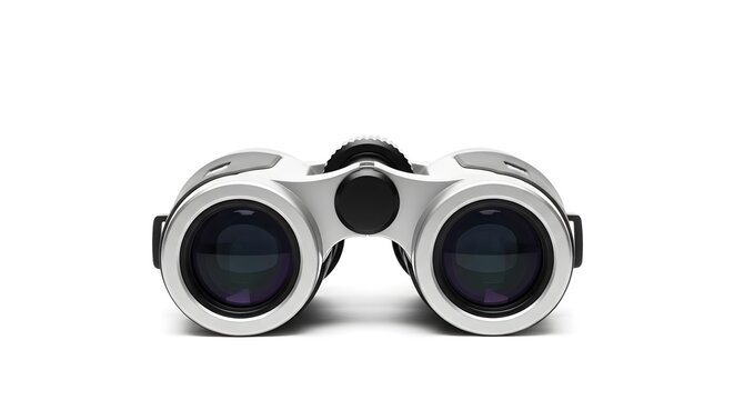 Front view of modern silver and black binoculars isolated on a white studio background. Minimalist composition with copy space. Concept of travel, discovery, observation, and searching.