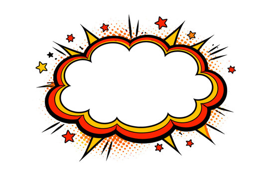 Colorful comic book style speech bubble with stars and spikes on white background