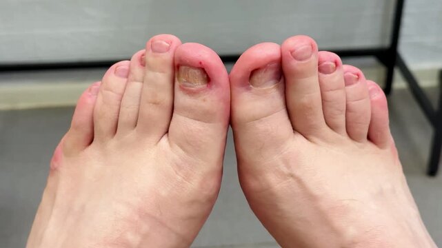 Closeup Caucasian foot after podiatry treatment showing thick yellow toenail consistent with onychomycosis, surrounding redness and mild swelling, visible debridement marks, clinical chair