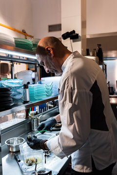 Chef Preparing Gourmet Dish in Modern Kitchen Environment