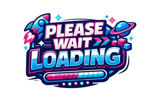 Colorful retro please wait loading screen with rocket and planet graphics