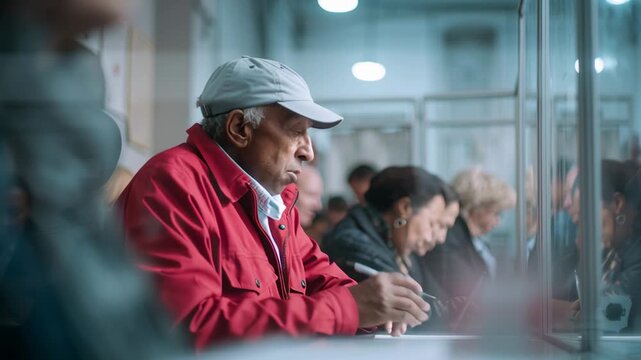 Elderly man filling out documents at a polling station representing voter participation civic duty and the democratic election process